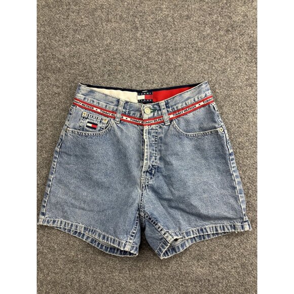 Vintage Tommy Hilfiger Shorts Womens 4 Blue Denim High Rise Flag Logo 90s - Picture 1 of 6